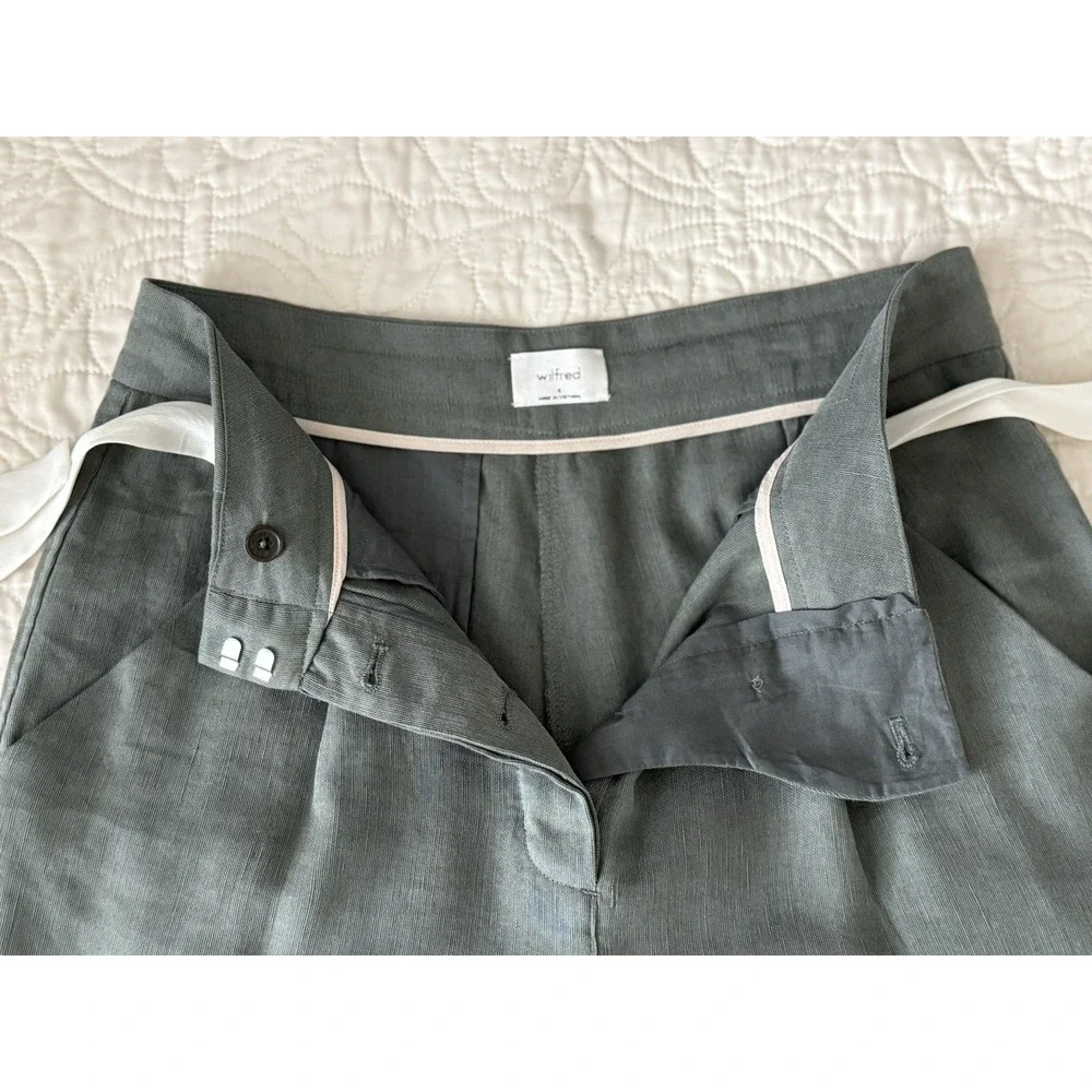 Aritzia Wilfred ALLANT Women's Pants Sz 4 Green Cropped‎ Tie Waist Linen Lyocell